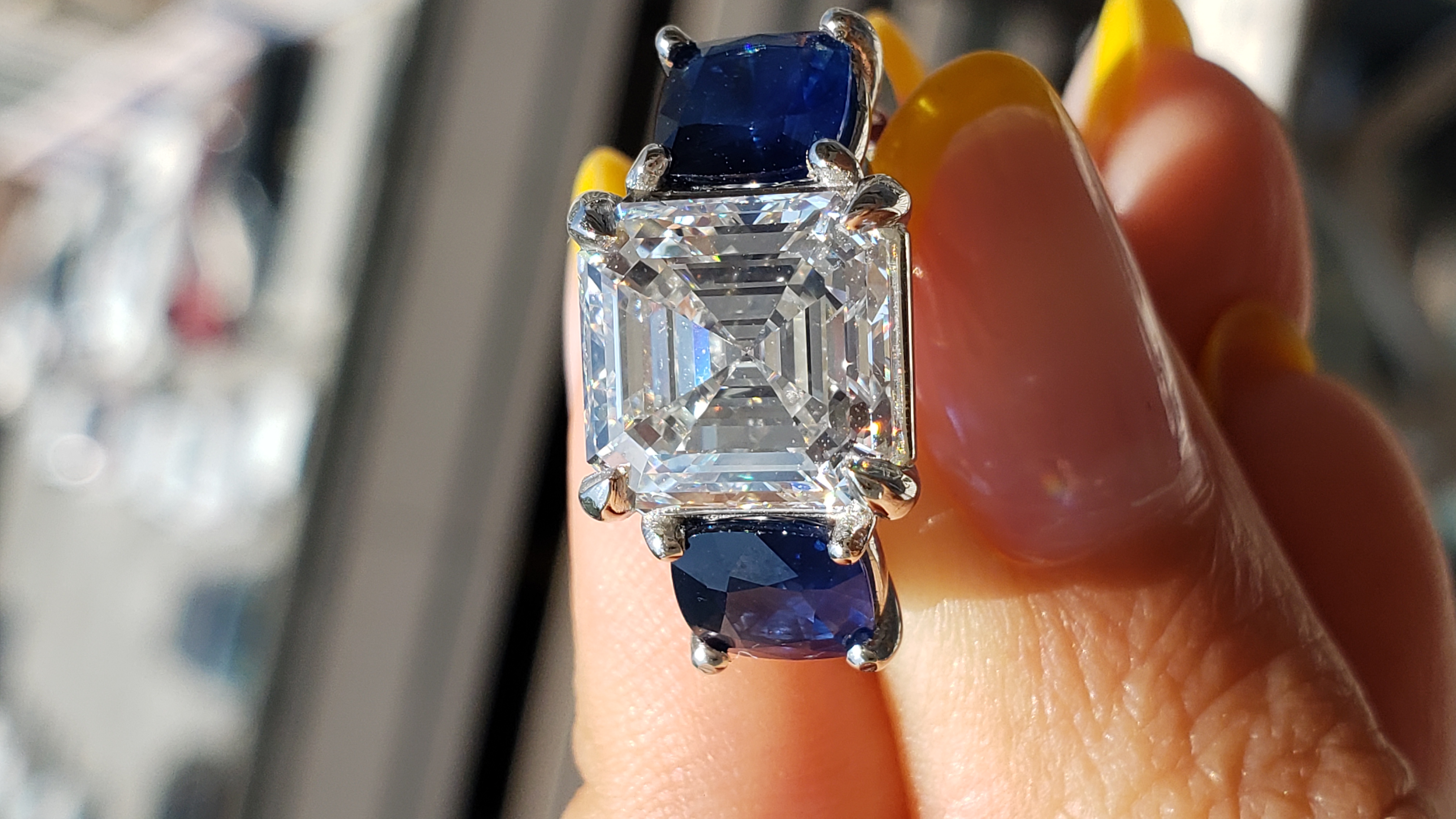 Asscher Cut Diamond Ring with Sapphire Side Stones